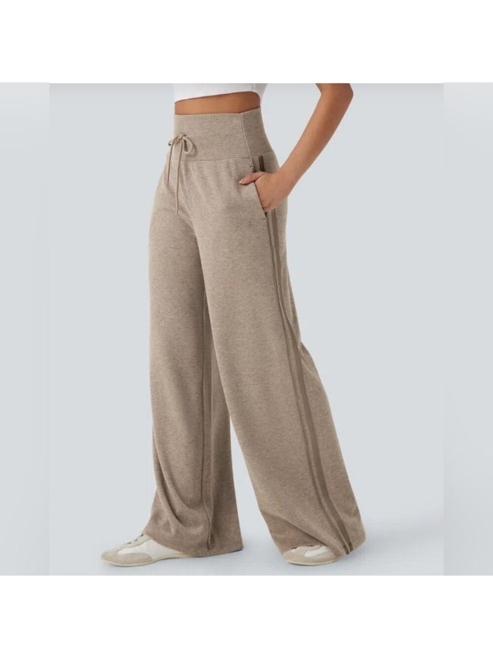 HALARA Ribbed High Waisted Tummy Control Drawstring Wide Leg Small - New